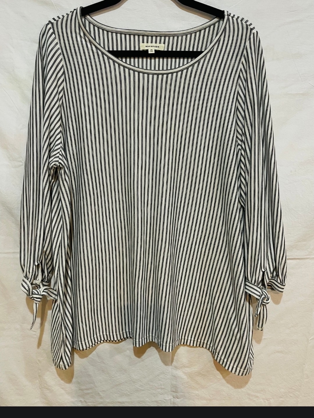 Max Studio Black and White Vertical Stripe Tie-Sleeve Tunic